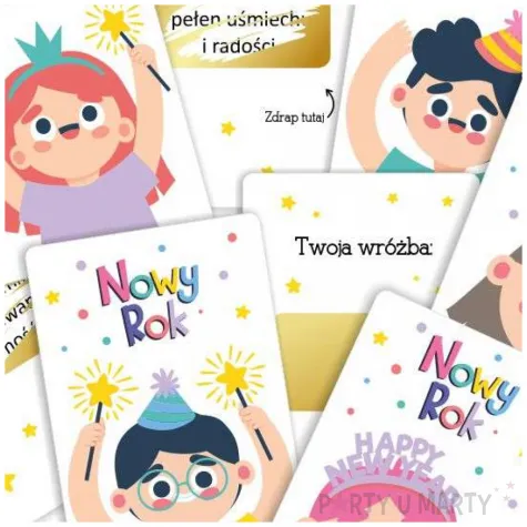 zabawa na sylwestra nowy rok zdrapki wrozby noworoczne dla dzieci karty 21 szt