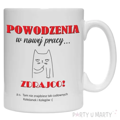 zabawny prezent ceramiczny kubek powodzenia w nowej pracy kot bialy na pozegnanie 330 ml