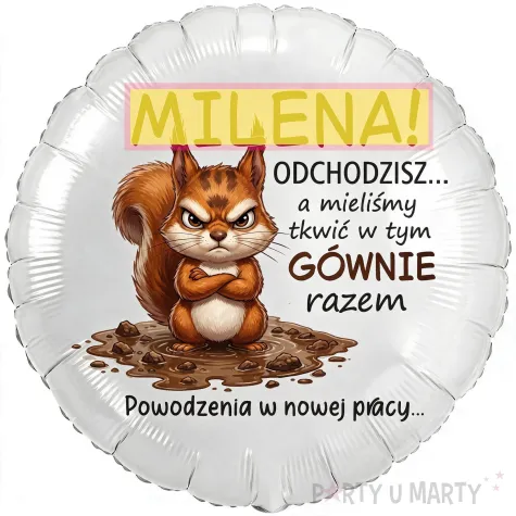 zabawny prezent dla kolegi kolezanki na odejscie z pracy balon foliowy wiewiorka imie bialy 18