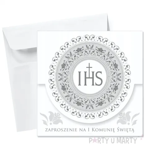 zaproszenia komunia ihs srebrny ornament 12x12 cm maki 10 szt