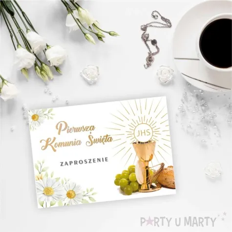 zaproszenia komunia kielich ihs i margaretki 14 8x10 5 cm 8 szt