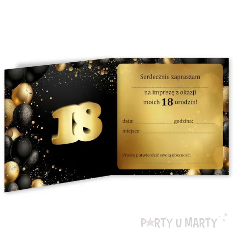 zaproszenia na 18 urodziny classic czarno zloty 15x15 cm 8 szt