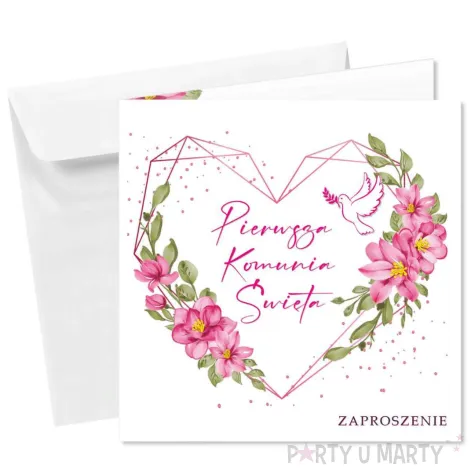zaproszenia na komunie dla dziewczynki rozowe serce 15x15 cm 8 szt