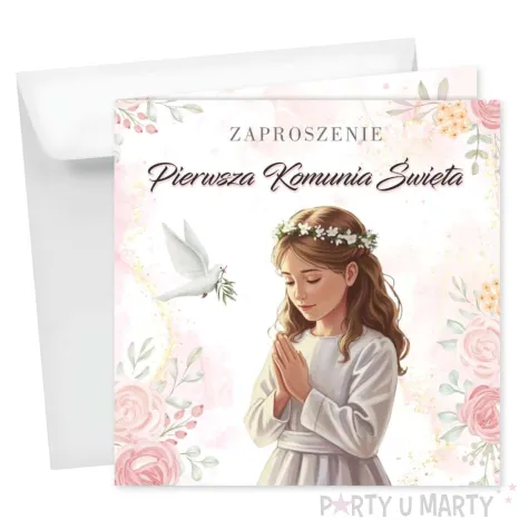 zaproszenia na komunie dziewczynka w albie pierwsza komunia swieta rozowy 15x15 cm 8 szt