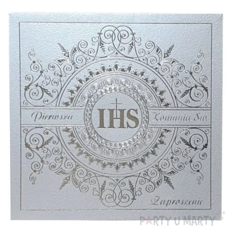 zaproszenia na komunie hostia ihs srebrny nadruk dekoracjepolska 10 szt