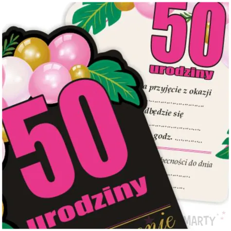 zaproszenia na urodziny liczba 50 baloniki z kopertami czarno rozowe 8 szt