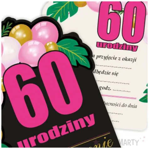 zaproszenia na urodziny liczba 60 baloniki z kopertami czarno rozowe 8 szt