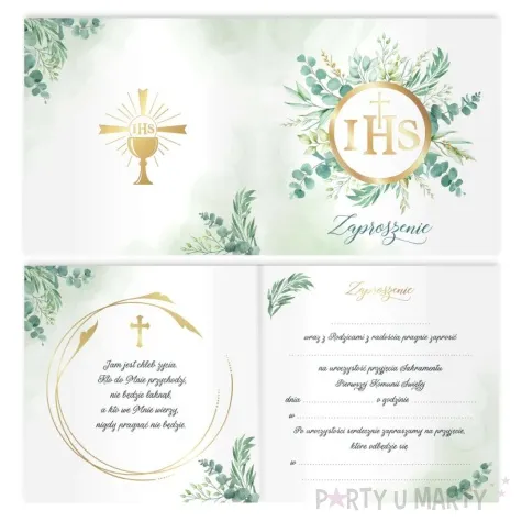 zaproszenia pierwsza komunia swieta ihs w eukaliptusie partypal 14x14 cm 10 szt