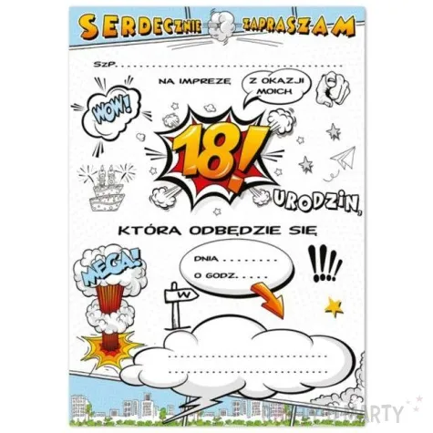 zaproszenia urodzinowe urodziny 18 cartoon 10 szt