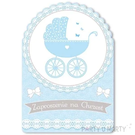 zaproszenia z koperta chrzest blekitny wozeczek 10 szt