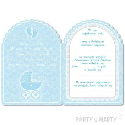 zaproszenia z koperta chrzest blekitny wozeczek 10 szt