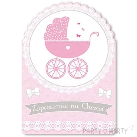 zaproszenia z koperta chrzest rozowy wozeczek 10 szt