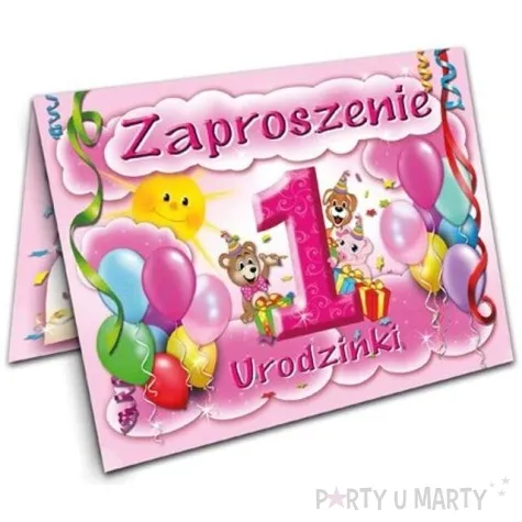 zaproszenia z koperta urodziny 1 baloniki rozowe 1 szt