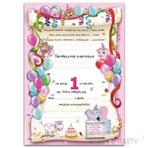 zaproszenia z koperta urodziny 1 baloniki rozowe 1 szt