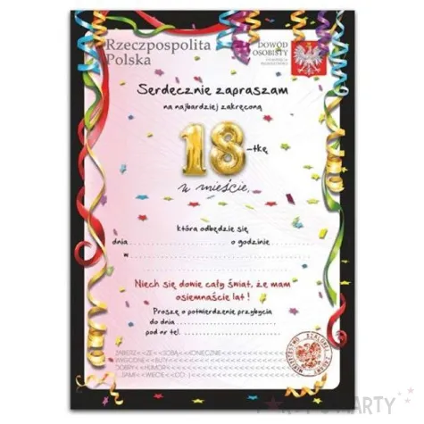 zaproszenia z koperta urodziny 18 dowod 10 szt