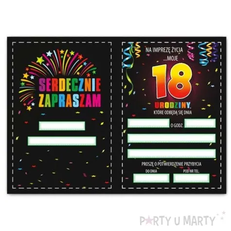 zaproszenia z koperta urodziny 18 fajerwerki 1 szt