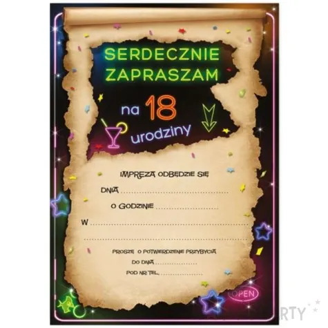 zaproszenia z koperta urodziny 18 neon 1 szt