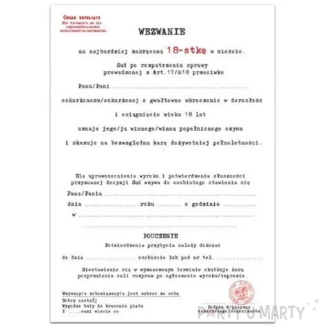 zaproszenia z koperta urodziny 18 wezwanie 1 szt