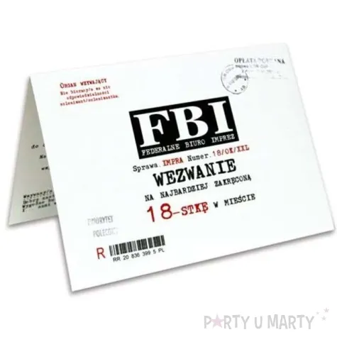 zaproszenia z koperta urodziny 18 wezwanie fbi 1 szt