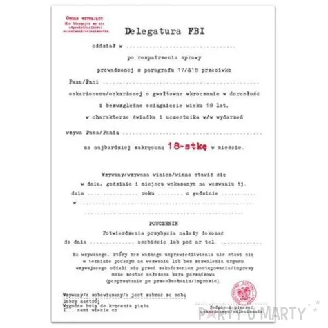 zaproszenia z koperta urodziny 18 wezwanie fbi 10 szt