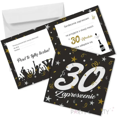 zaproszenie na 30 urodziny glamour birthday z koperta czarne eleganckie 15x15 cm 1 szt
