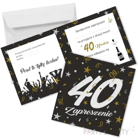 zaproszenie na 40 urodziny glamour birthday z koperta czarne eleganckie 15x15 cm 1 szt
