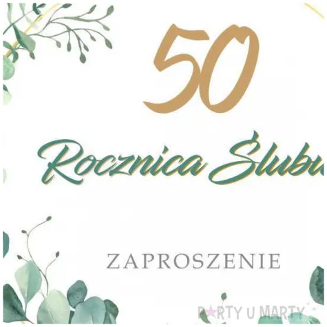 zaproszenie na 50 rocznice slubu zlote gody eukaliptus beauty biale z koperta 15 cm 1 szt