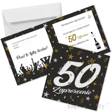 zaproszenie na 50 urodziny glamour birthday z koperta czarne eleganckie 15x15 cm 1 szt