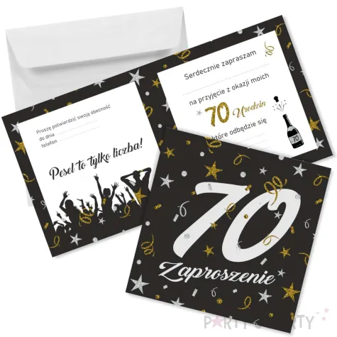 zaproszenie na 70 urodziny glamour birthday z koperta czarne eleganckie 15x15 cm 1 szt