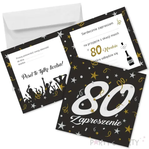 zaproszenie na 80 urodziny glamour birthday z koperta czarne eleganckie 15x15 cm 1 szt