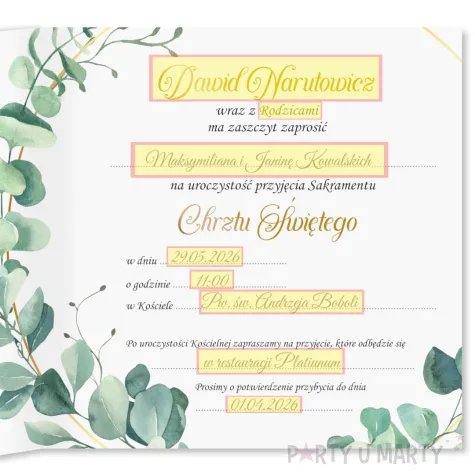 zaproszenie na chrzest swiety eukaliptus beauty personalizowane z imieniem koperta x1