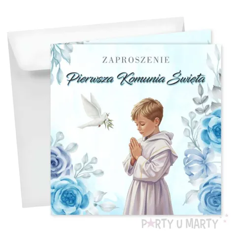 zaproszenie na komunie chlopiec w albie pierwsza komunia swieta niebieski 15x15 cm 1 szt