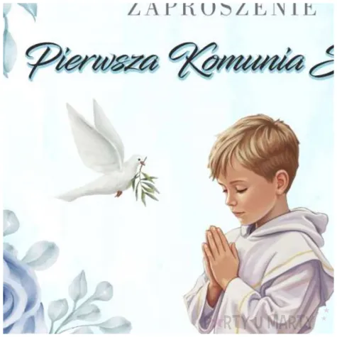 zaproszenie na komunie chlopiec w albie pierwsza komunia swieta niebieski 15x15 cm 1 szt