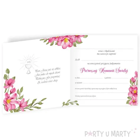 zaproszenie na komunie dla dziewczynki rozowe serce 15x15 cm 1 szt