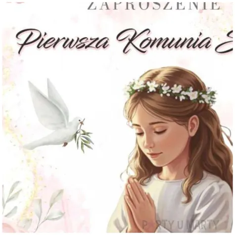 zaproszenie na komunie dziewczynka w albie pierwsza komunia swieta rozowy 15x15 cm 1 szt