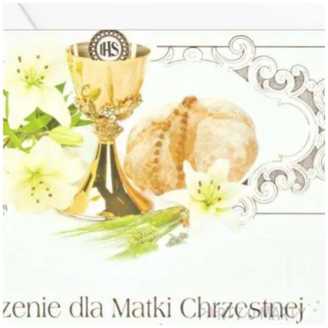 zaproszenie z koperta komunia swieta ihs hostia i kwiaty dla matki chrzestnej maki