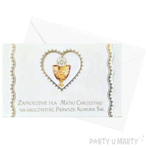 zaproszenie z koperta komunia swieta ihs hostia w sercu dla matki chrzestnej maki