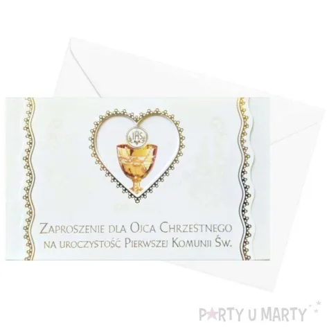 zaproszenie z koperta komunia swieta ihs hostia w sercu dla ojca chrzestnego maki