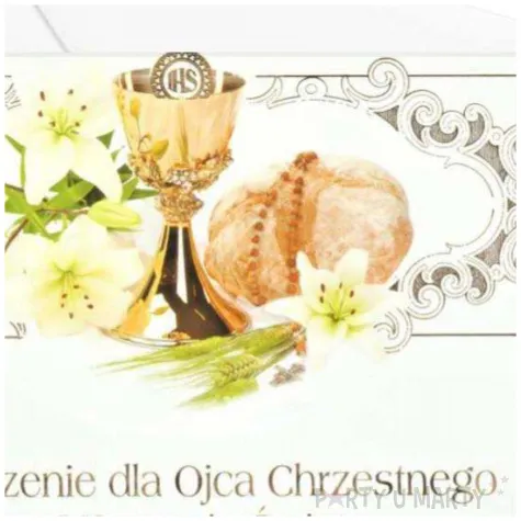 zaproszenie z koperta pierwsza komunia swieta ihs hostia i kwiaty dla ojca chrzestnego maki