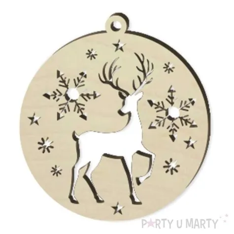 zawieszka drewniana bombka jelen i gwiazdy 70 x 76 mm