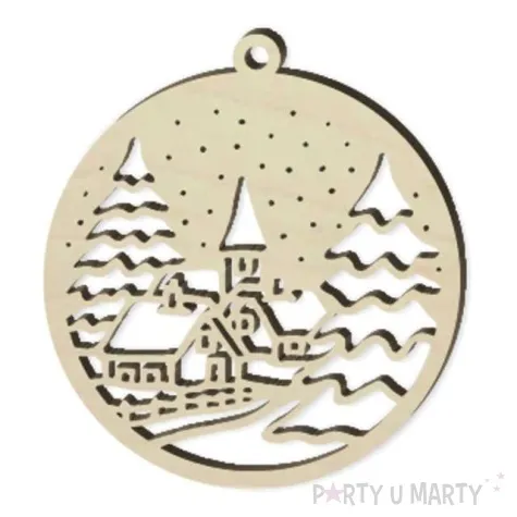 zawieszka drewniana bombka zimowy krajobraz 70 x 76 mm