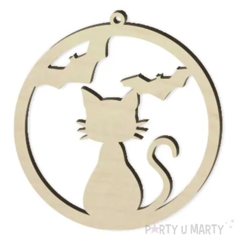 zawieszka drewniana kot i nietoperze 80 x 80 mm