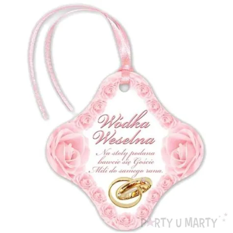 zawieszka na butelke wodka weselna pink rose 20 szt
