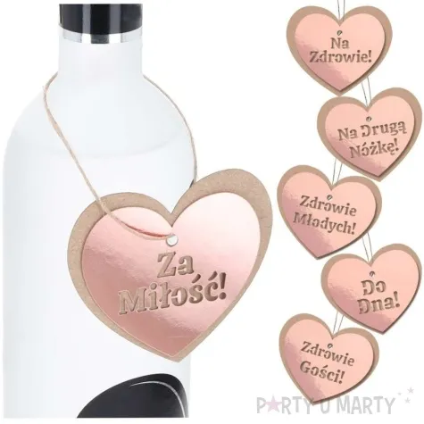 zawieszki na butelki slub serca rozowozloty dekolo 12 szt