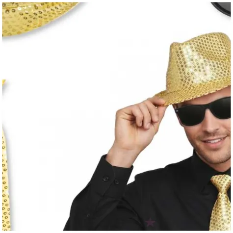 zestaw akcesoriow na sylwestra nowy rok karnawal gold glam kapelusz krawat okulary zloty
