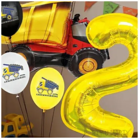 zestaw balonow urodzinowych cyfra 2 wywrotka na budowe i gwiazda czerwona 8 sztuk