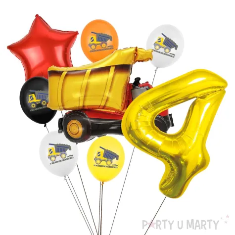 zestaw balonow urodzinowych cyfra 4 wywrotka na budowe i gwiazda czerwona 8 sztuk