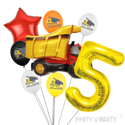 zestaw balonow urodzinowych cyfra 5 wywrotka na budowe i gwiazda czerwona 8 sztuk