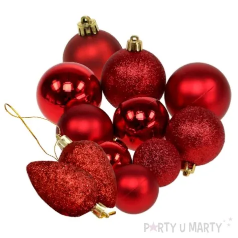 zestaw bombek swiateczny mix 12 czerwony z brokatem arpex