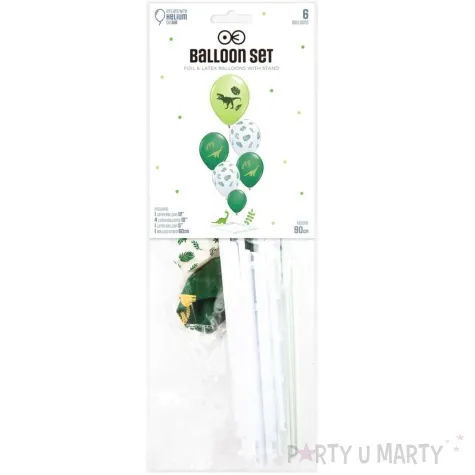 zestaw dekoracji balony stojak dinozaury zielono bialy 6 szt